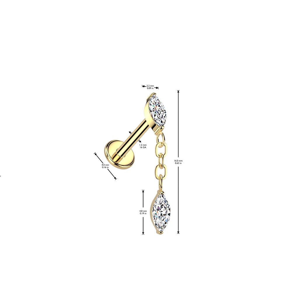 Titanium Internally Threaded Marquise CZ Labret Stud Tragus Lobe Helix - Image 2