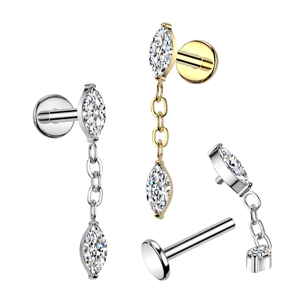 Titanium Internally Threaded Marquise CZ Labret Stud Tragus Lobe Helix - Image 4