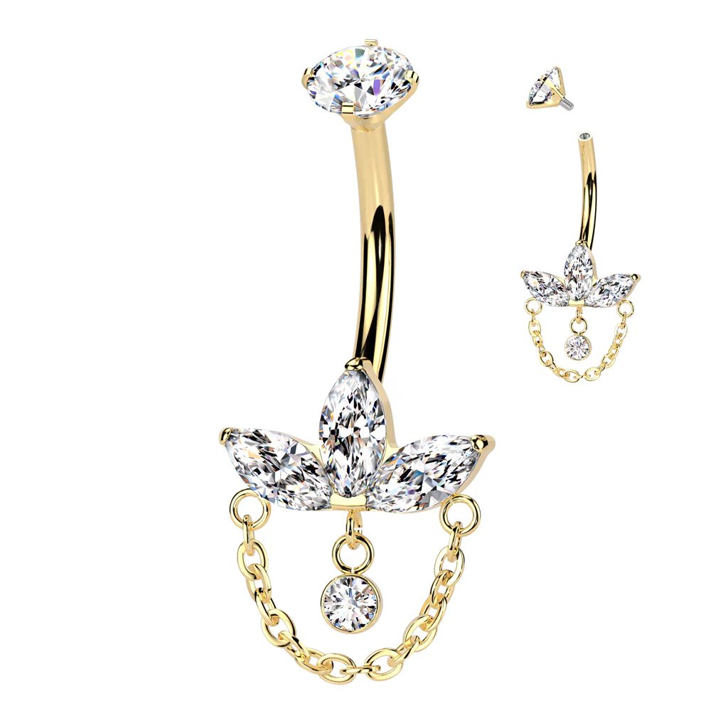 Titanium Internally Threaded Marquise CZ Leaf and Chain Belly Button Ring - Image 2