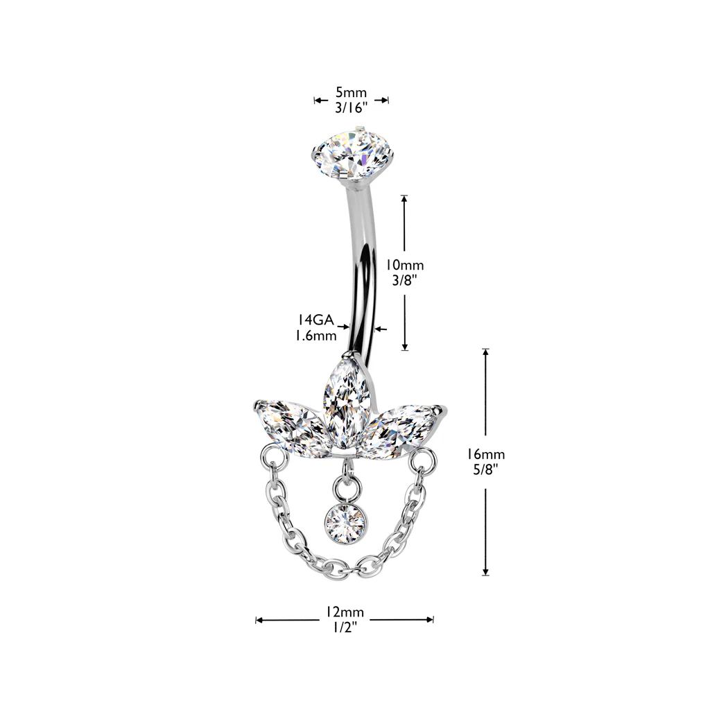 Titanium Internally Threaded Marquise CZ Leaf and Chain Belly Button Ring - Image 3