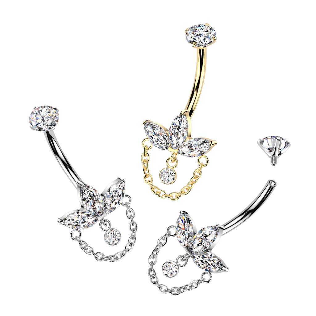 Titanium Internally Threaded Marquise CZ Leaf and Chain Belly Button Ring - Image 4