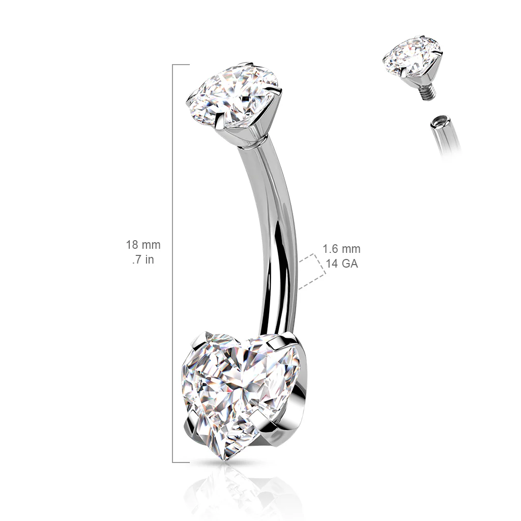 Titanium Internally Threaded Prong 8mm Heart CZ Belly Button Ring - Image 7