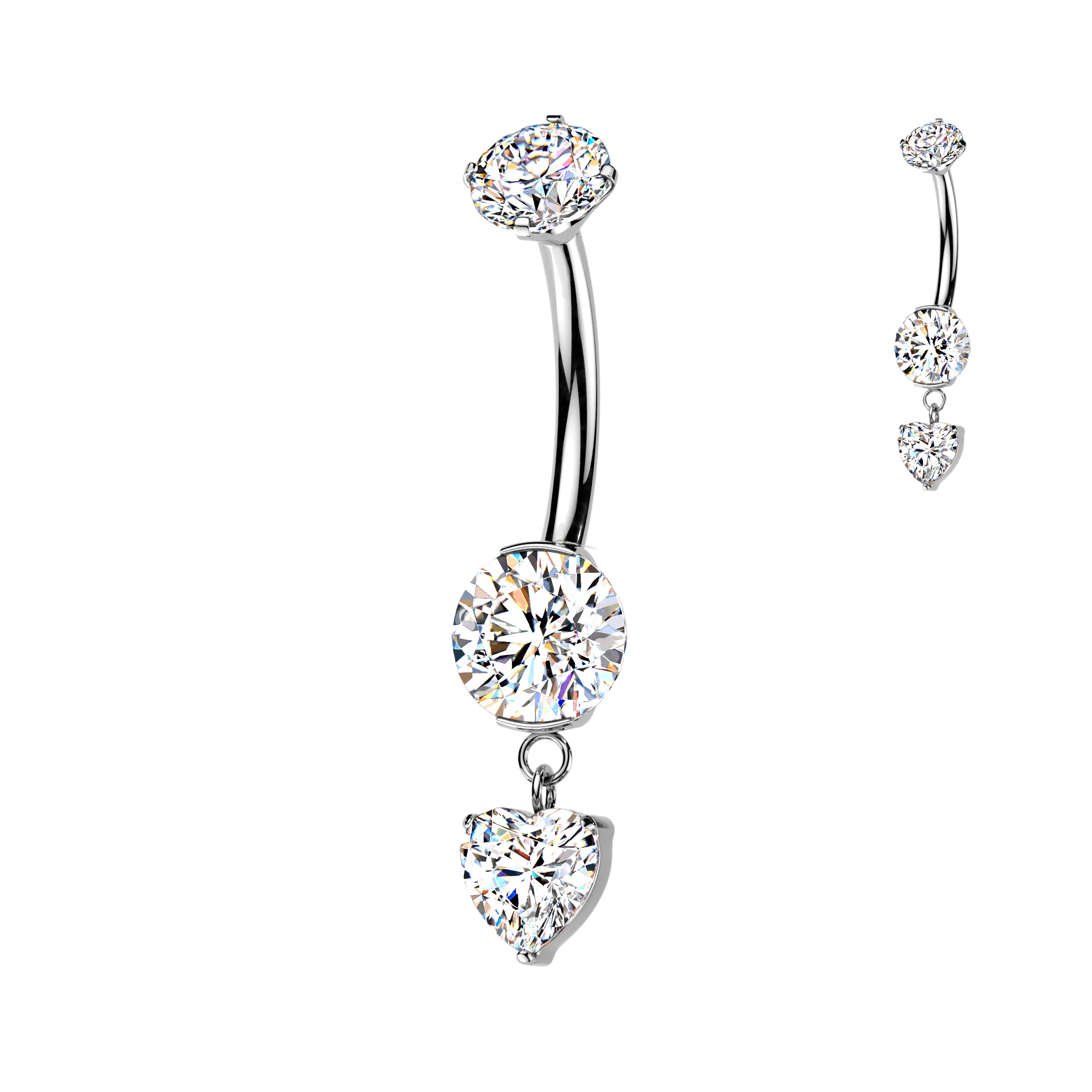 Titanium Prong Set CZ Heart Dangle Belly Button Rings - Image 2
