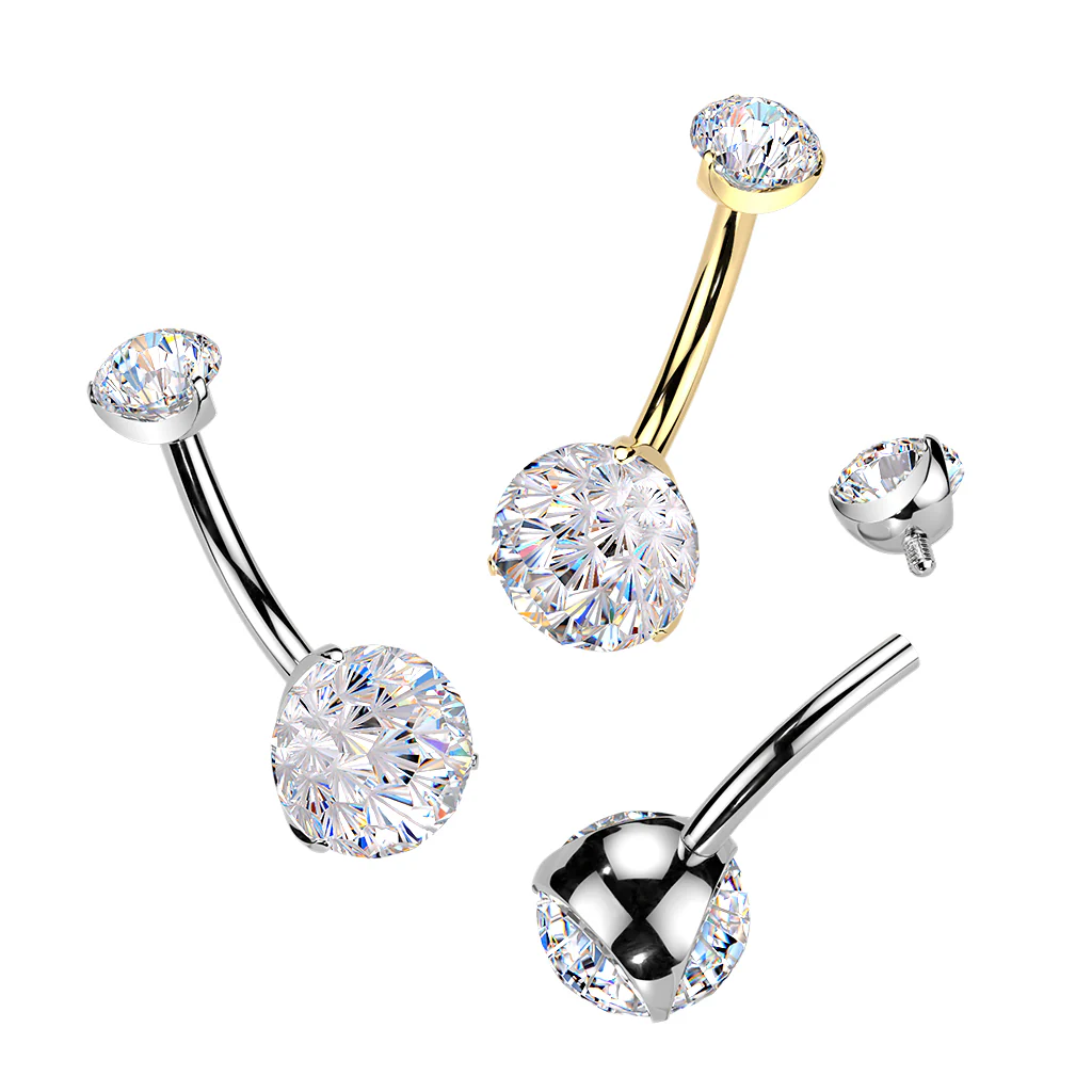 Titanium Prong Set Fireworks Cut CZ Belly Button Ring - Image 2