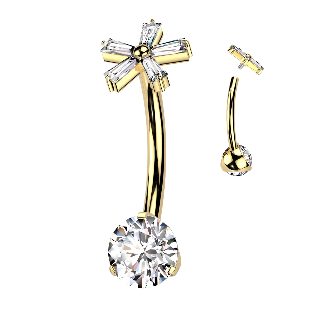 Titanium Prong Set CZ 5 Baguette CZ Flower Top Navel Belly Button Ring - Image 2