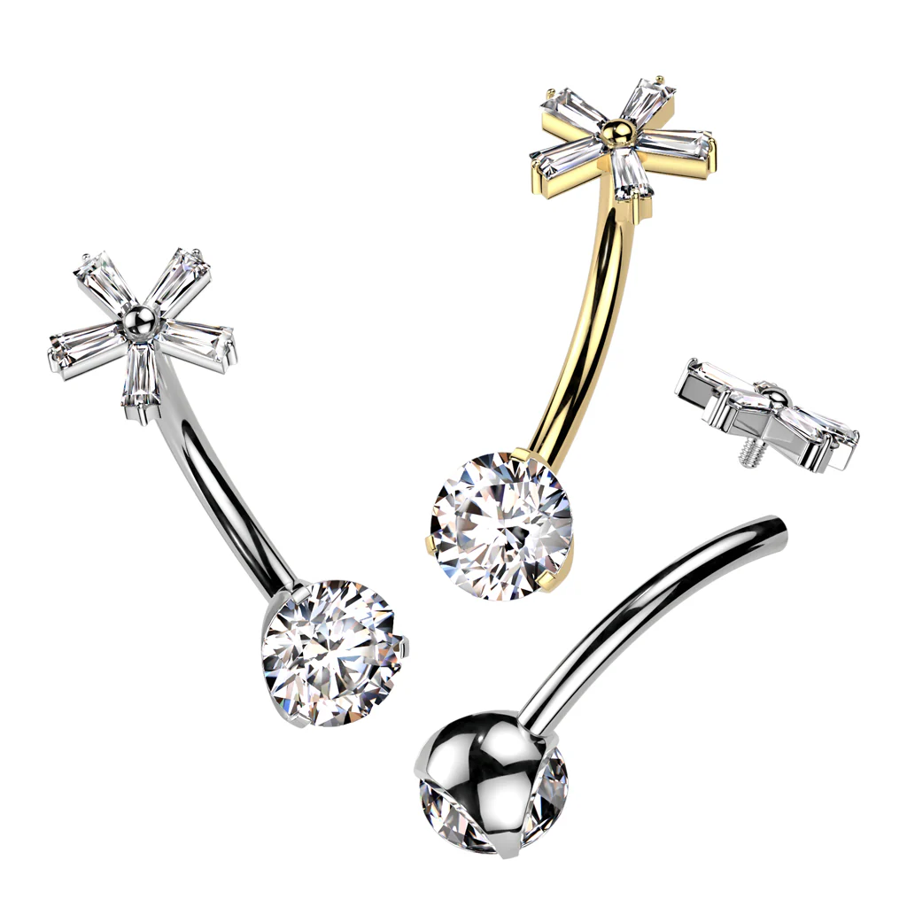 Titanium Prong Set CZ 5 Baguette CZ Flower Top Navel Belly Button Ring - Image 4