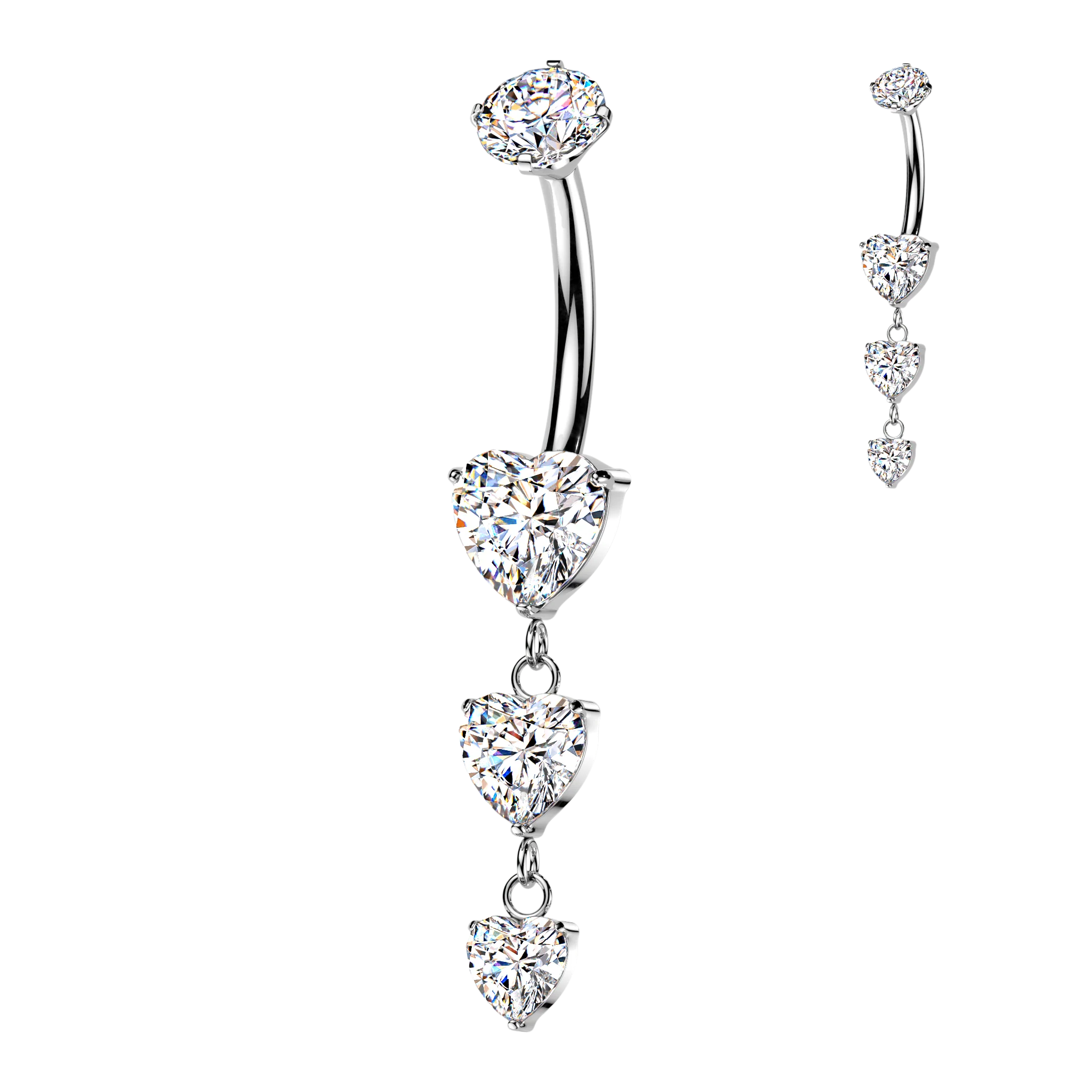 Titanium Prong Set Triple CZ Heart Dangle Belly Button Rings
