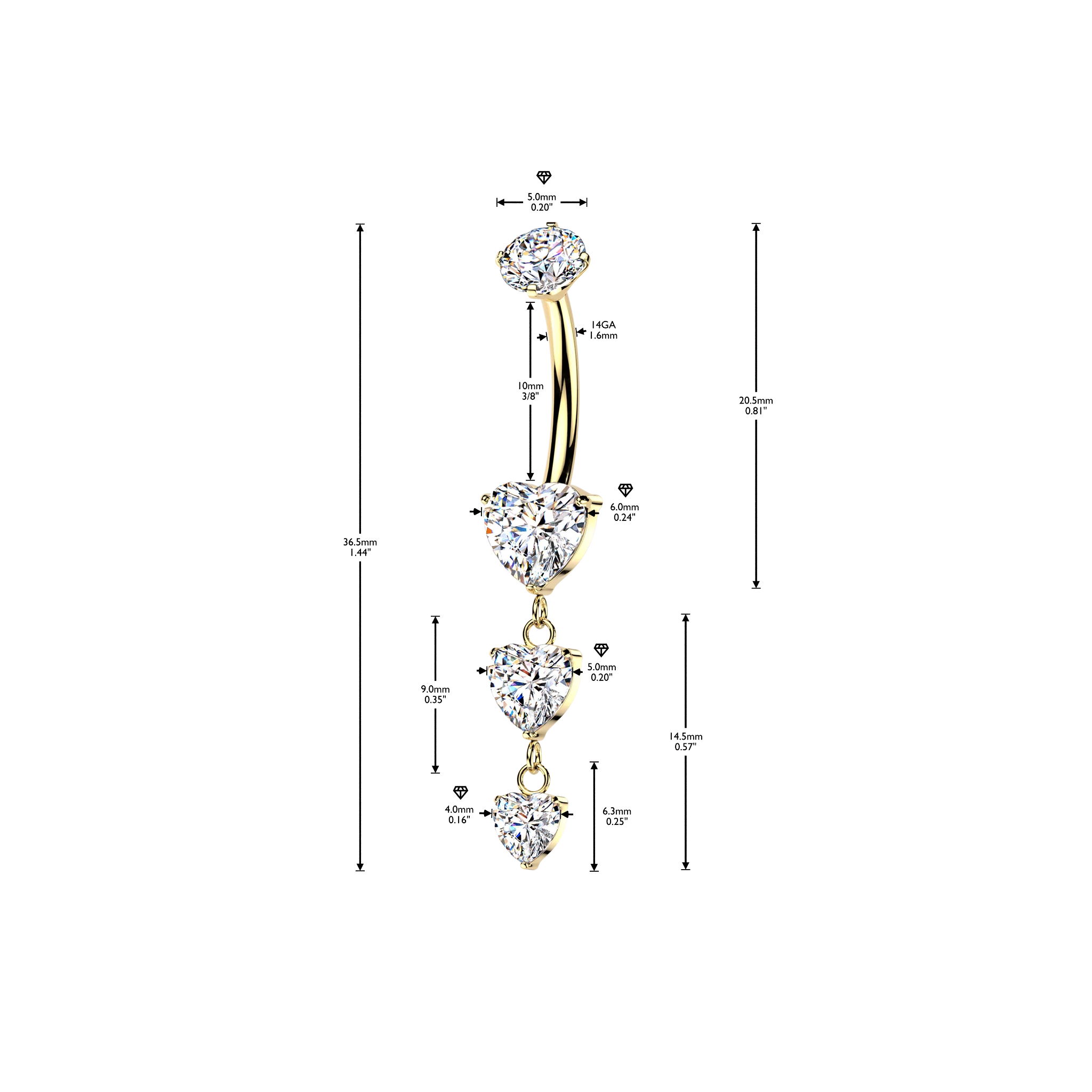 Titanium Prong Set Triple CZ Heart Dangle Belly Button Rings - Image 3