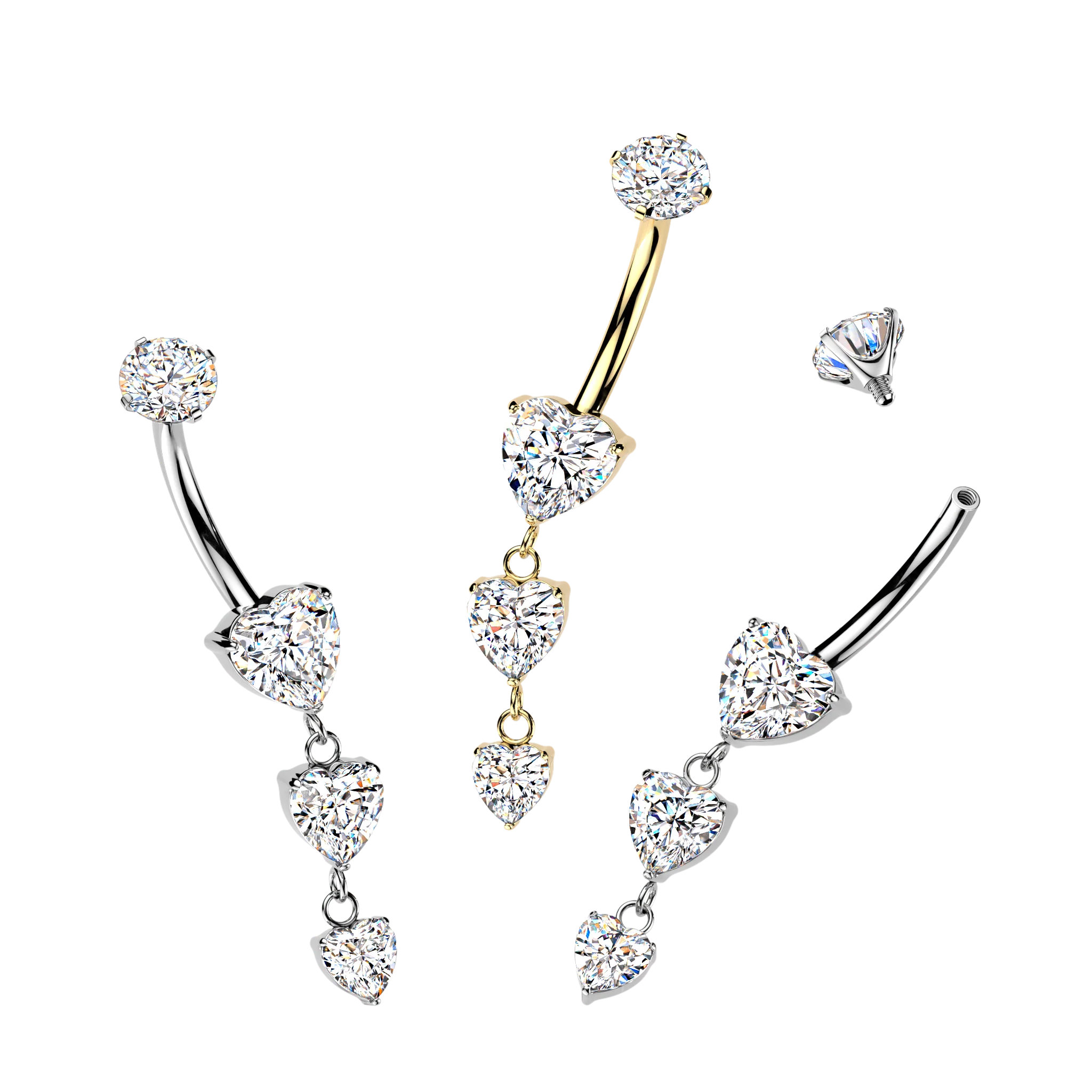 Titanium Prong Set Triple CZ Heart Dangle Belly Button Rings - Image 4