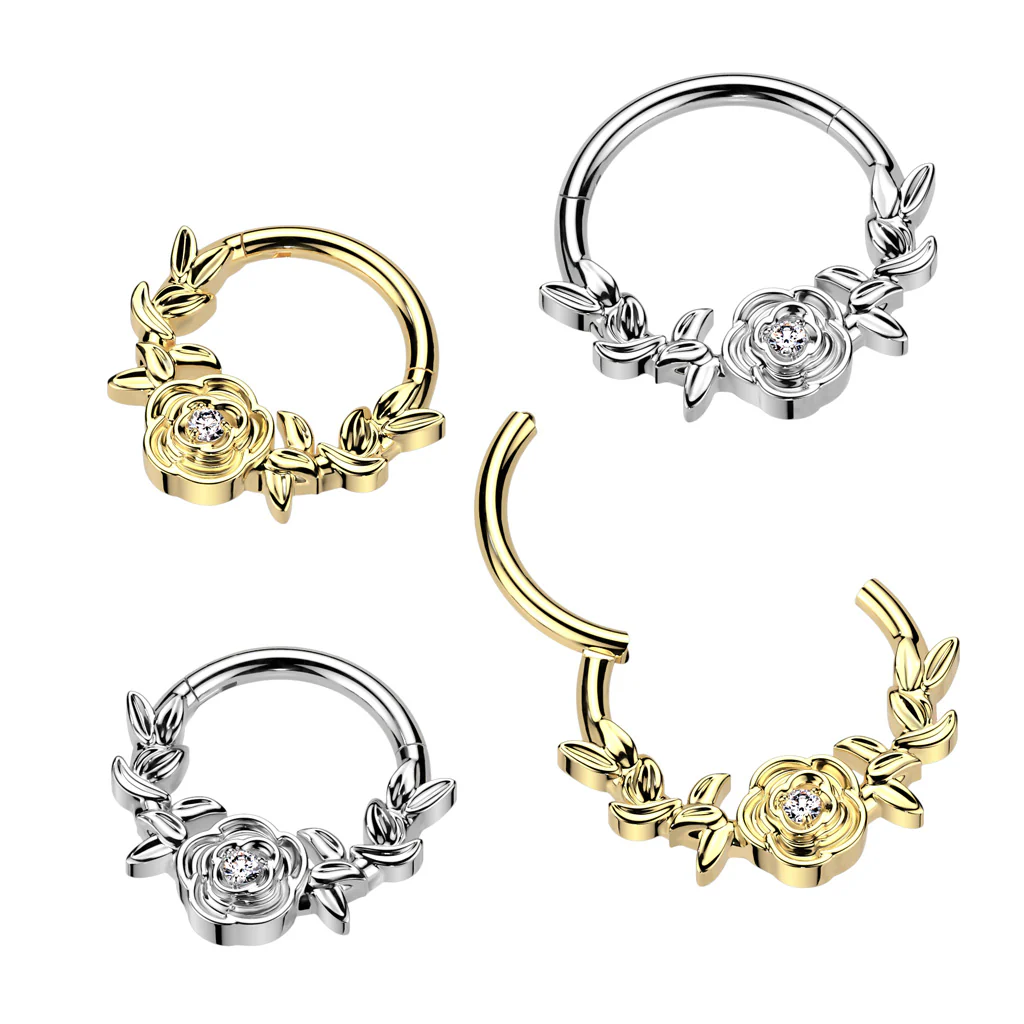 Titanium Forward Facing Rose CZ Segment Hoop Ring Nose Septum Cartilage - Image 2