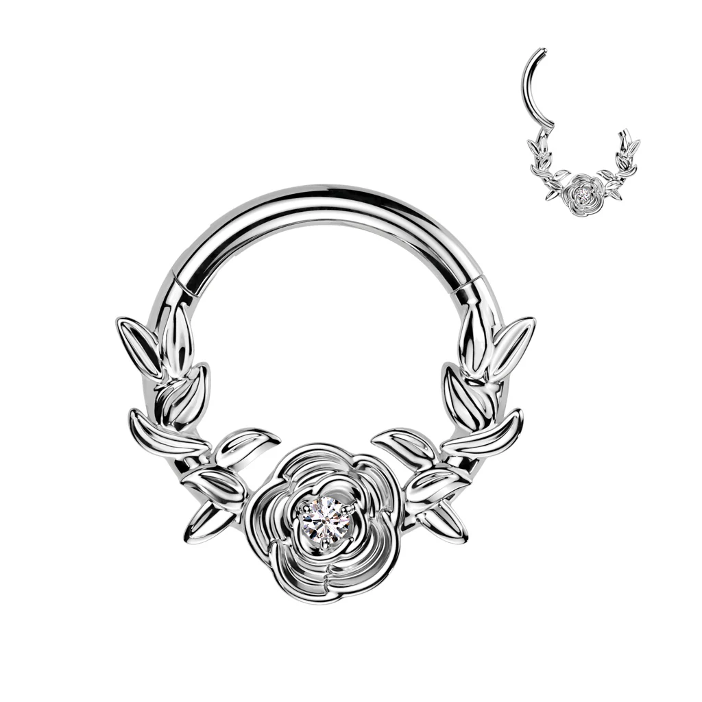 Titanium Forward Facing Rose CZ Segment Hoop Ring Nose Septum Cartilage - Image 3
