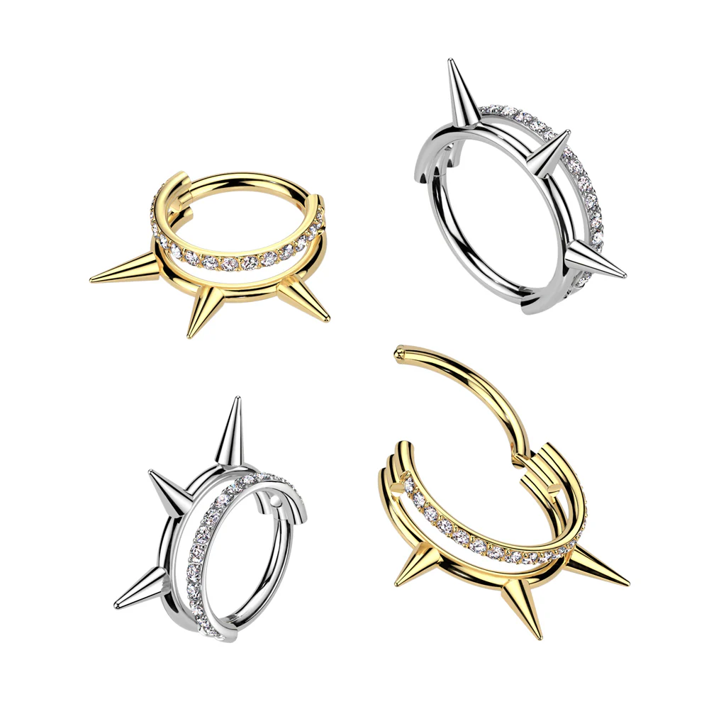 Titanium Spikes & CZ Lined Hinged Segment Triple Hoop Ring For Helix Cartilage - Image 4