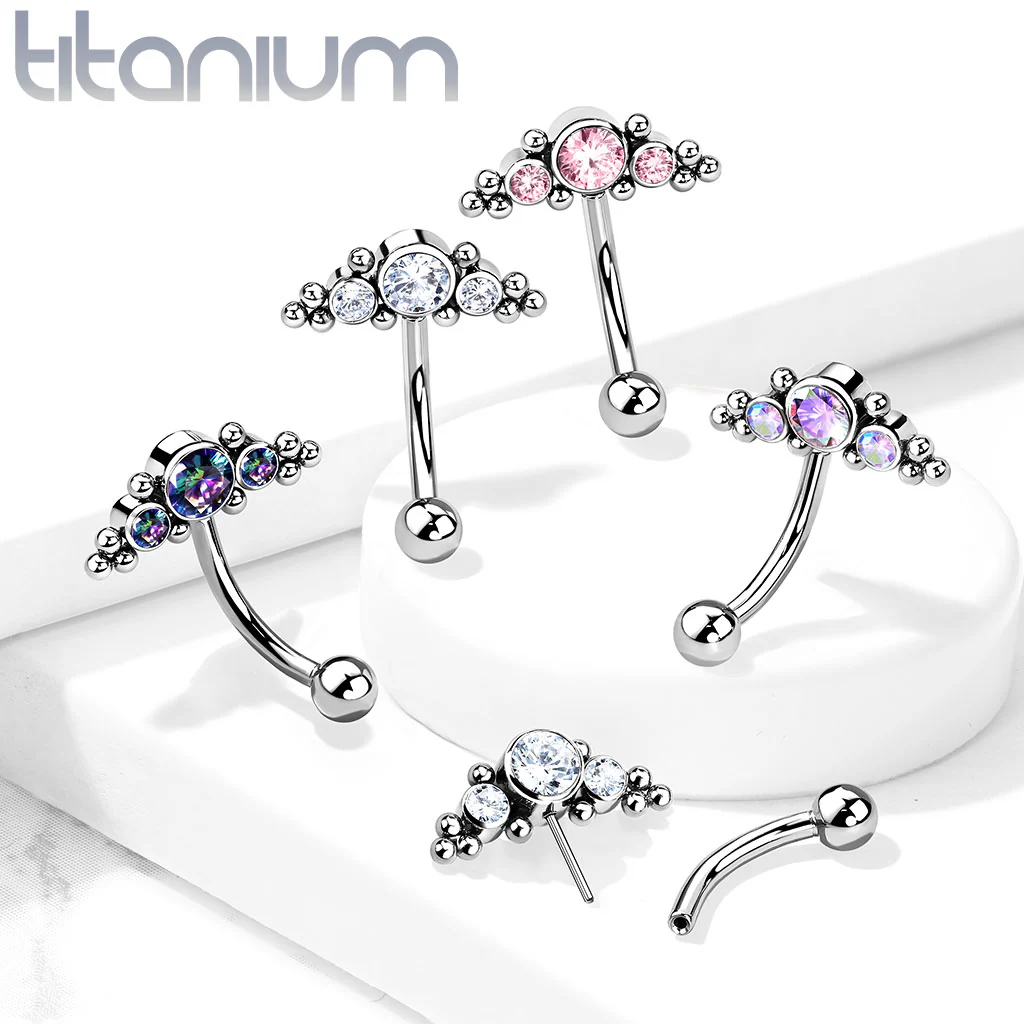 Titanium Threadless Eyebrow Curve with 3 CZ Ball Clusters