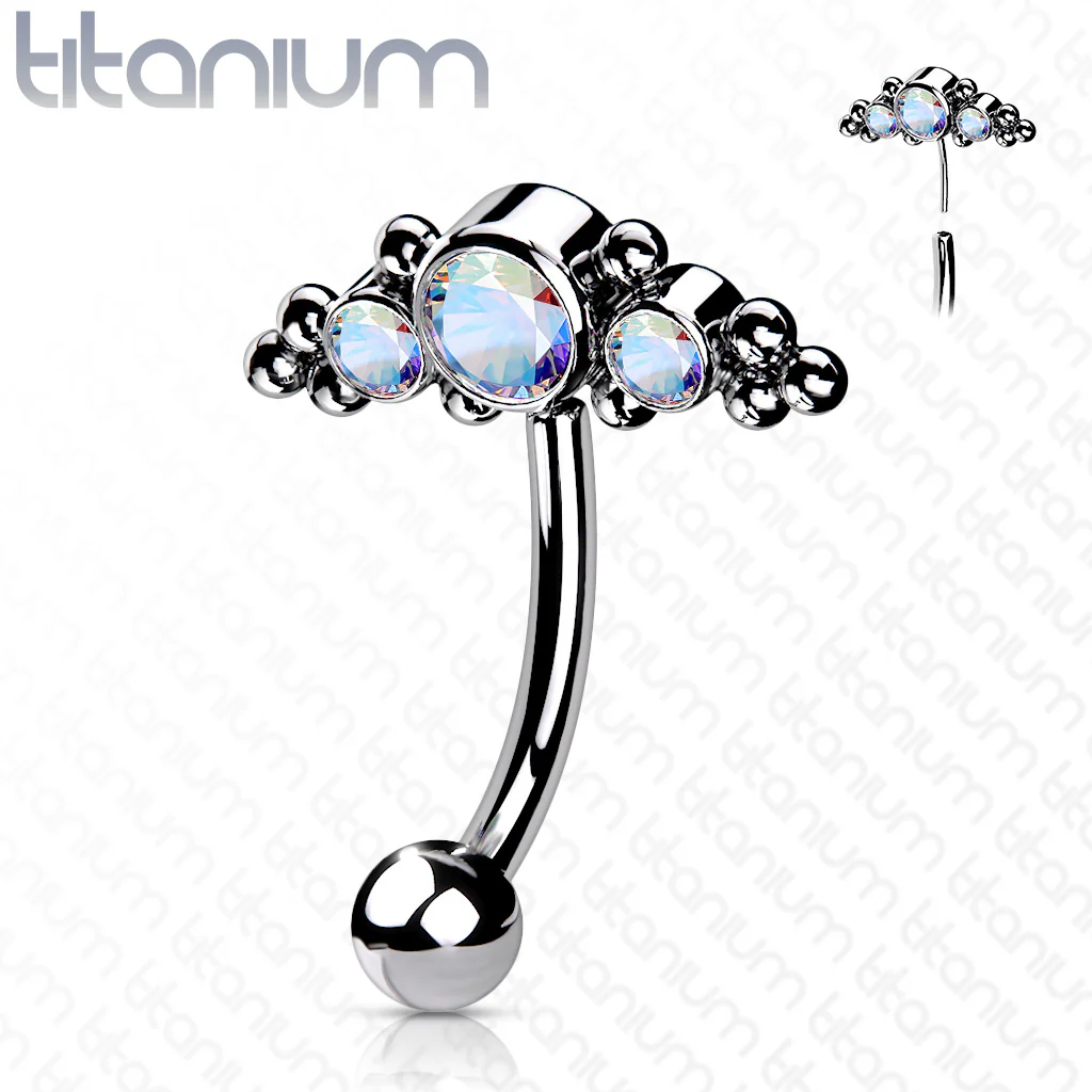 Titanium Threadless Eyebrow Curve with 3 CZ Ball Clusters - Image 2