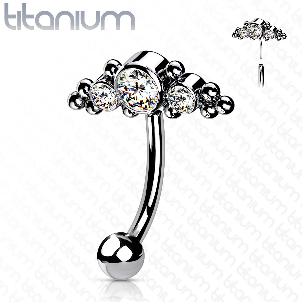 Titanium Threadless Eyebrow Curve with 3 CZ Ball Clusters - Image 3