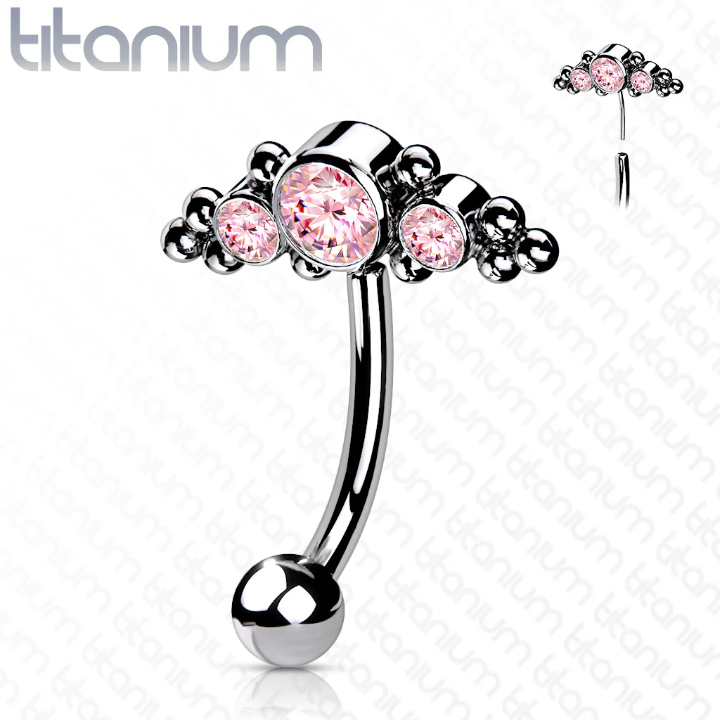 Titanium Threadless Eyebrow Curve with 3 CZ Ball Clusters - Image 4