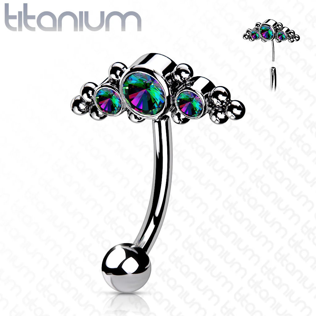 Titanium Threadless Eyebrow Curve with 3 CZ Ball Clusters - Image 5