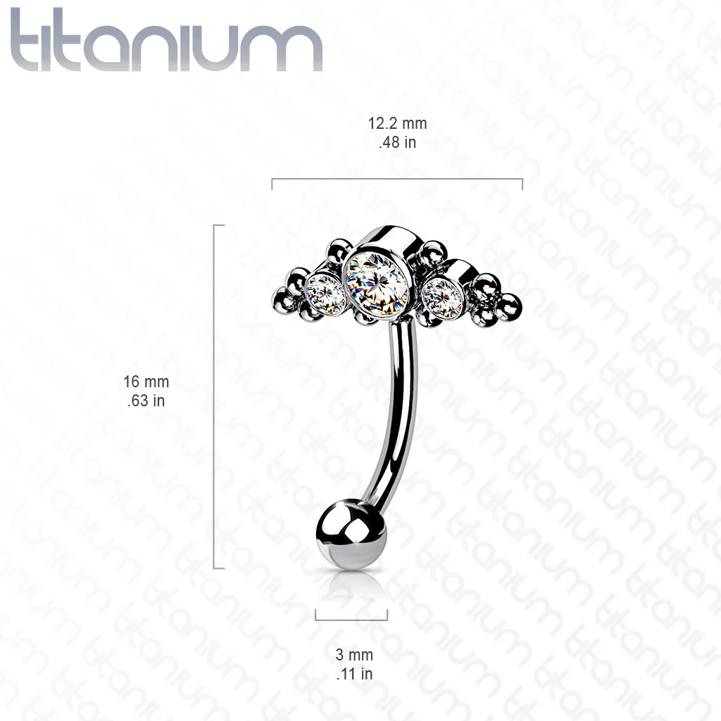 Titanium Threadless Eyebrow Curve with 3 CZ Ball Clusters - Image 6