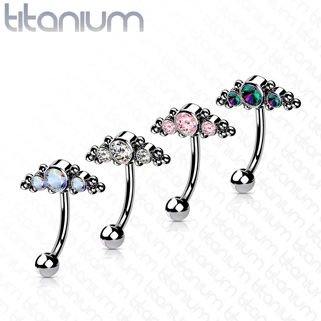 Titanium Threadless Eyebrow Curve with 3 CZ Ball Clusters - Image 7