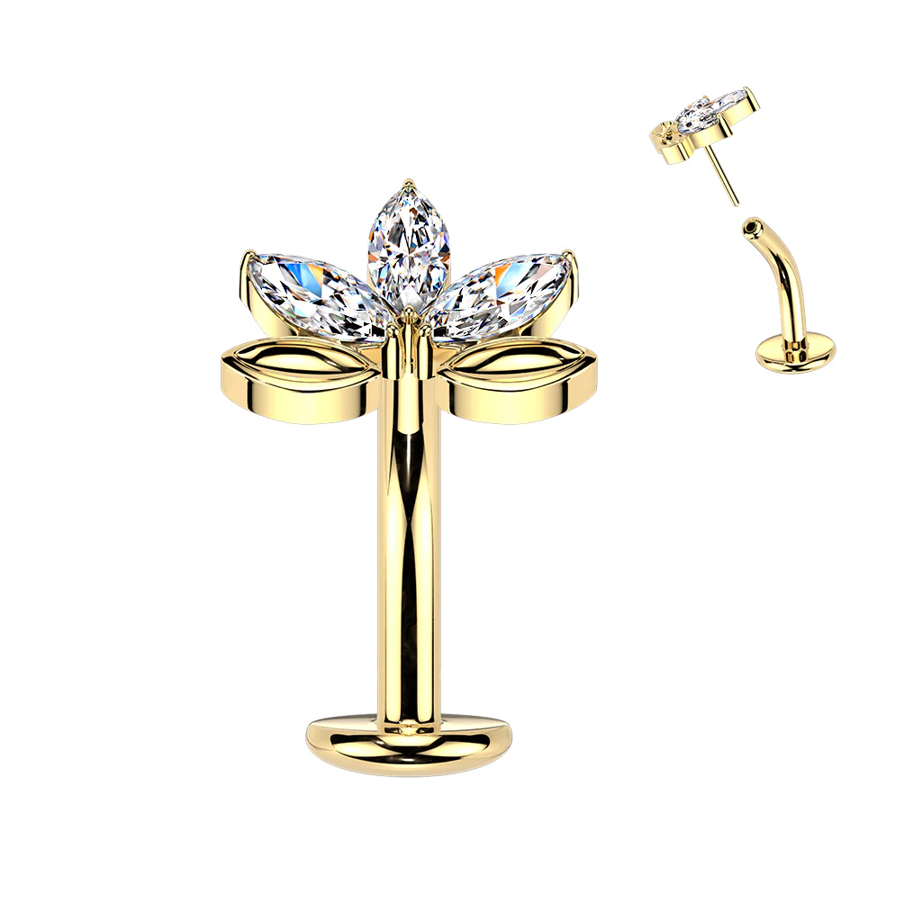 Titanium Threadless Floating Convex Base 3 Marquise CZ Leaf Top Belly Button Ring - Image 2
