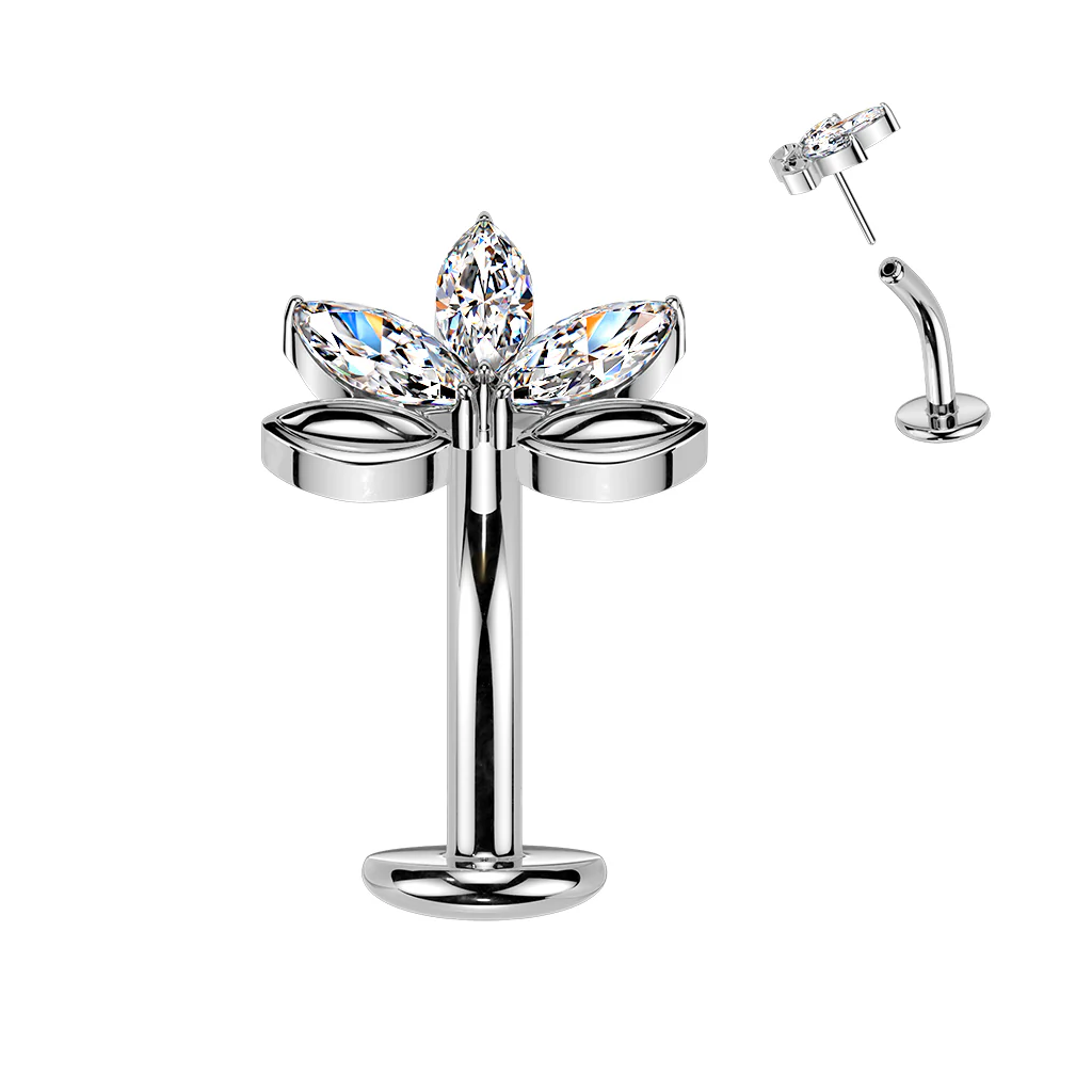 Titanium Threadless Floating Convex Base 3 Marquise CZ Leaf Top Belly Button Ring - Image 4