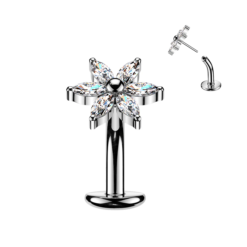 Titanium Threadless Floating Convex Base 6 Marquise CZ Flower Top Belly Button Ring - Image 2