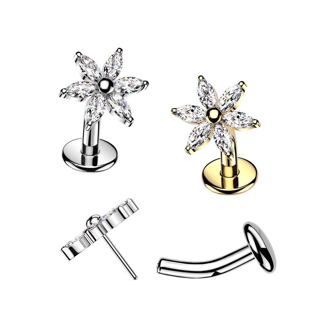 Titanium Threadless Floating Convex Base 6 Marquise CZ Flower Top Belly Button Ring - Image 3