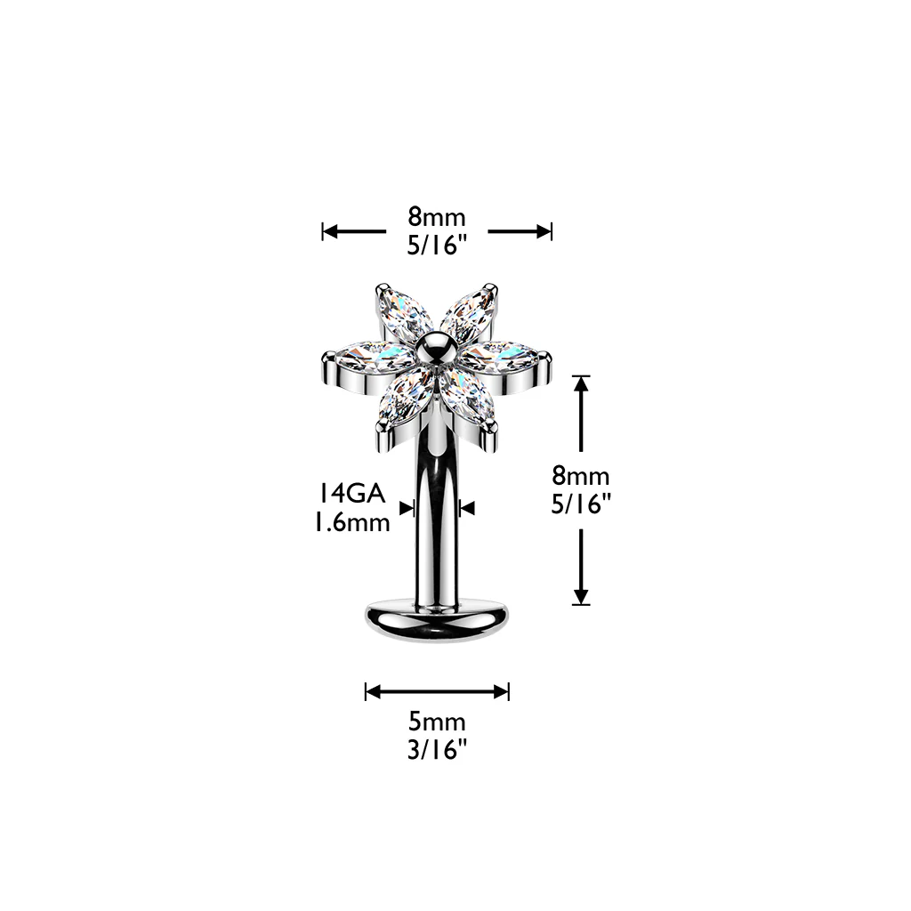 Titanium Threadless Floating Convex Base 6 Marquise CZ Flower Top Belly Button Ring - Image 4