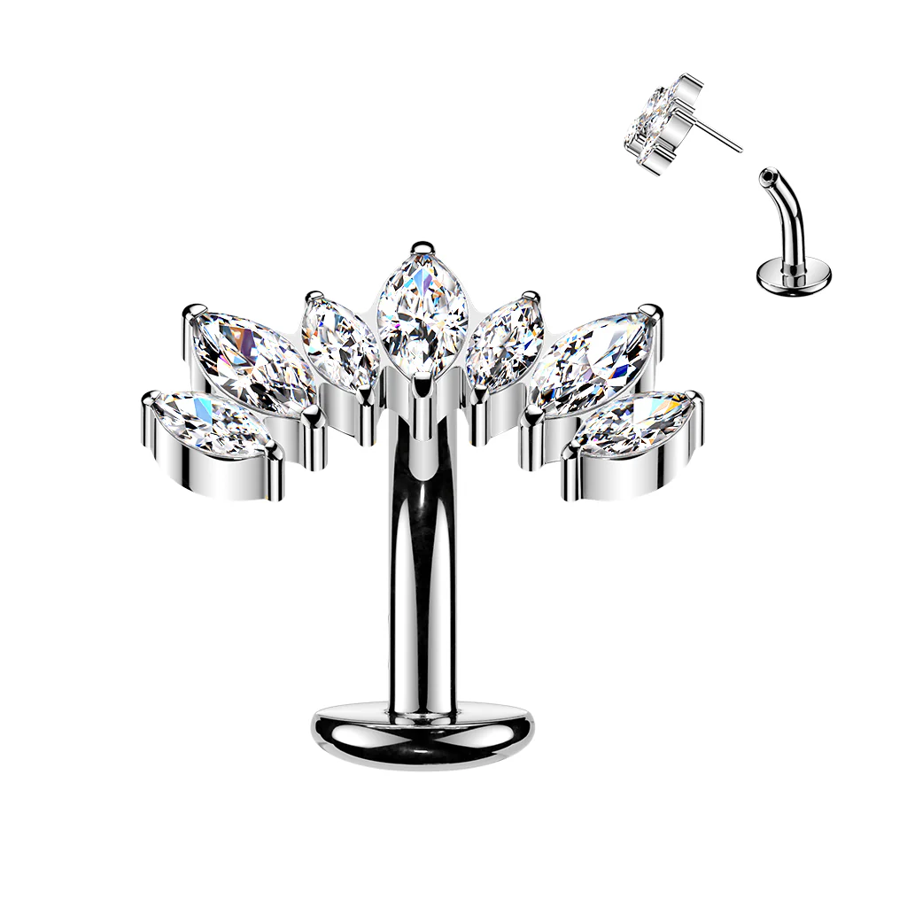 Titanium Threadless Floating Convex Base 7 Marquise CZ Curve Top Belly Button Ring - Image 2