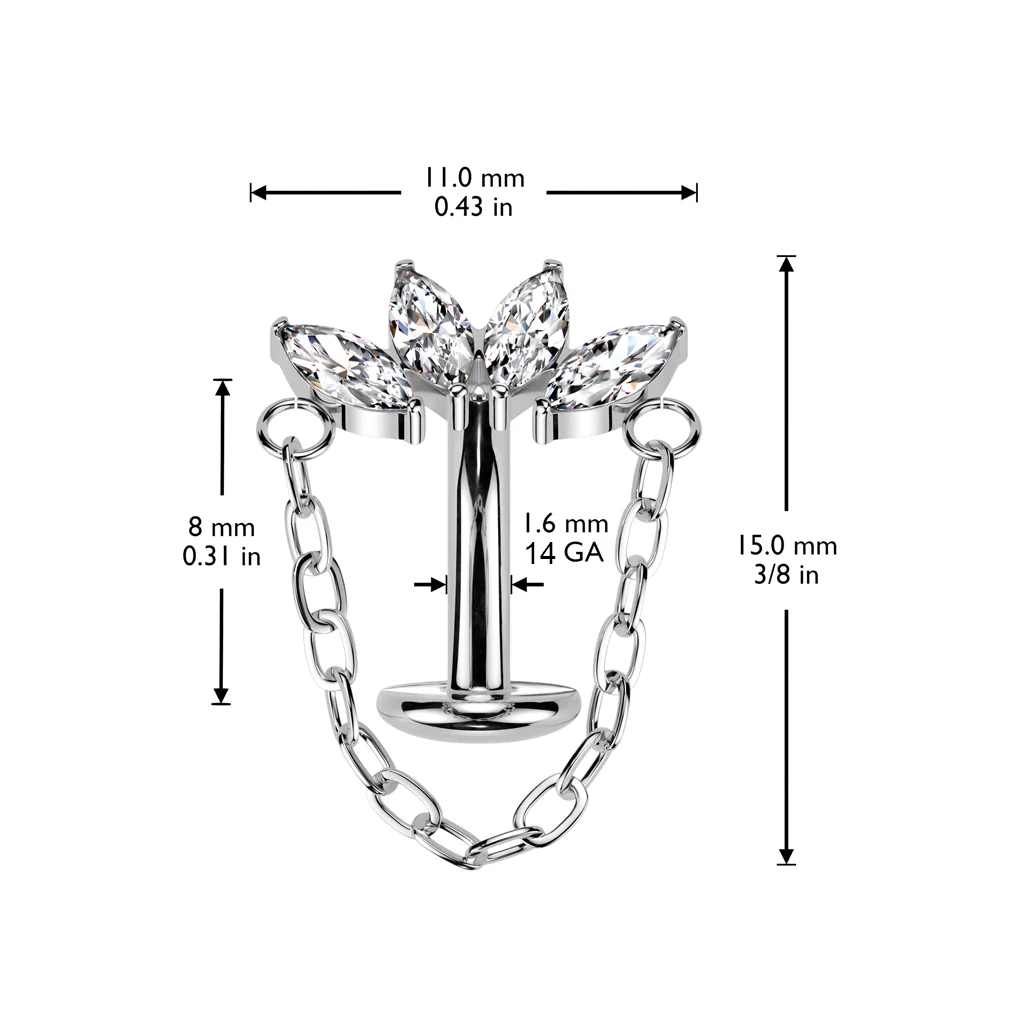 Titanium Threadless Floating Convex Base Marquise CZ Chain Top Belly Button Ring - Image 3