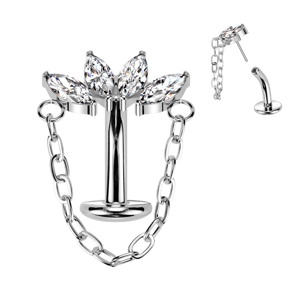 Titanium Threadless Floating Convex Base Marquise CZ Chain Top Belly Button Ring - Image 4