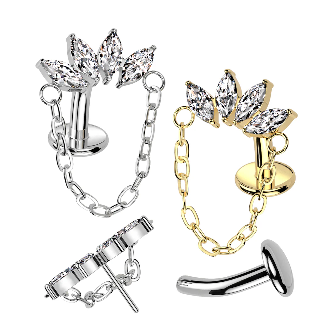 Titanium Threadless Floating Convex Base Marquise CZ Chain Top Belly Button Ring - Image 5