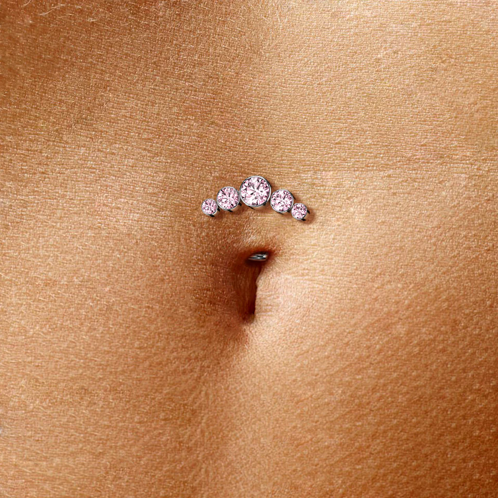 Titanium Threadless Floating Convex Basel 5 Crystals Curve Top Belly Button Ring