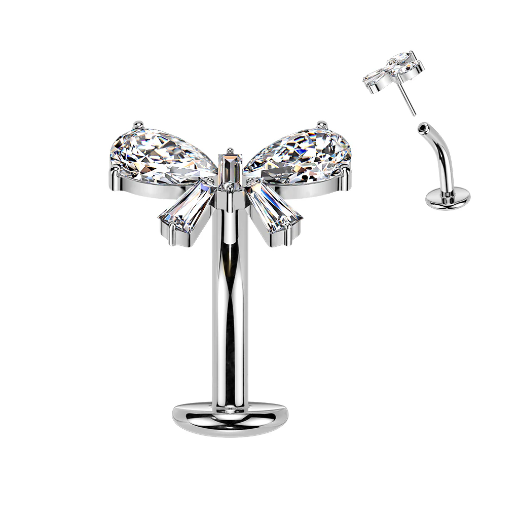 Titanium Threadless Floating Convex Base CZ Bow Top Belly Button Ring