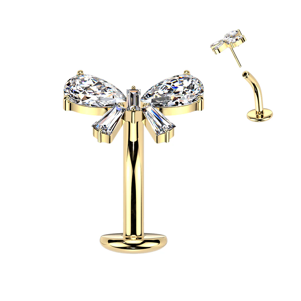 Titanium Threadless Floating Convex Base CZ Bow Top Belly Button Ring - Image 3