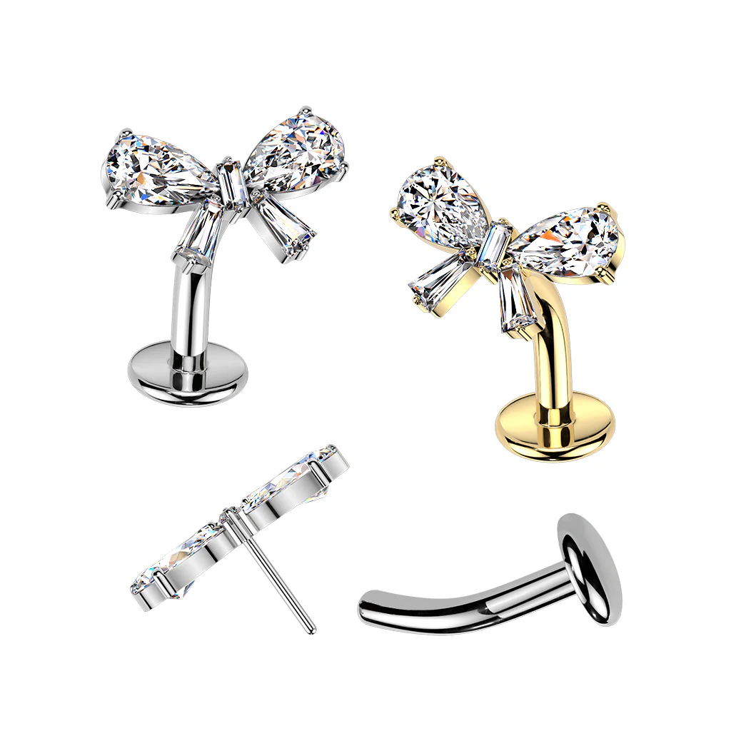 Titanium Threadless Floating Convex Base CZ Bow Top Belly Button Ring - Image 5