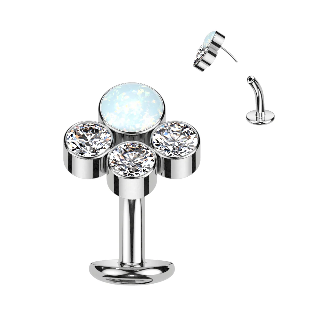 Titanium Threadless Floating Convex Base 3 CZ & Opal Top Belly Button Ring - Image 4
