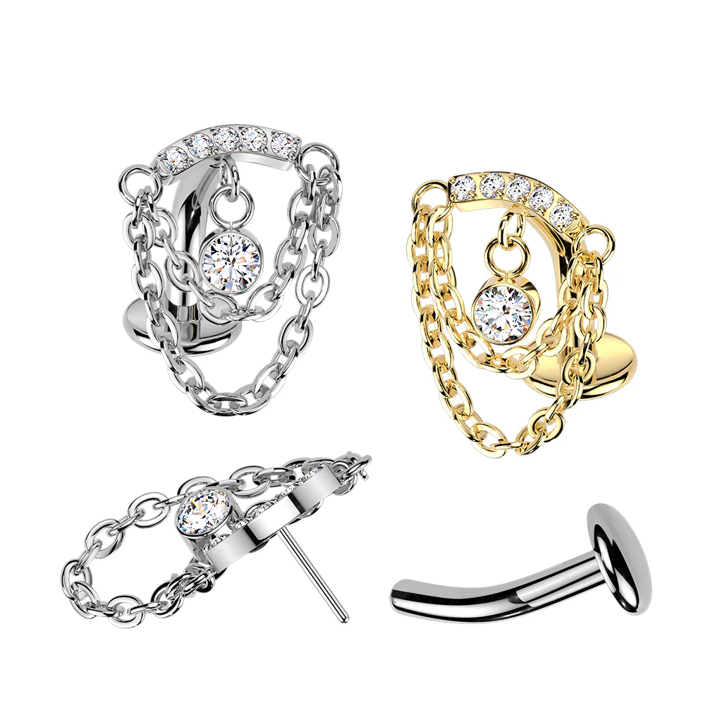 Titanium Threadless Floating Convex Base Double Chain CZ Top Belly Button Ring - Image 3