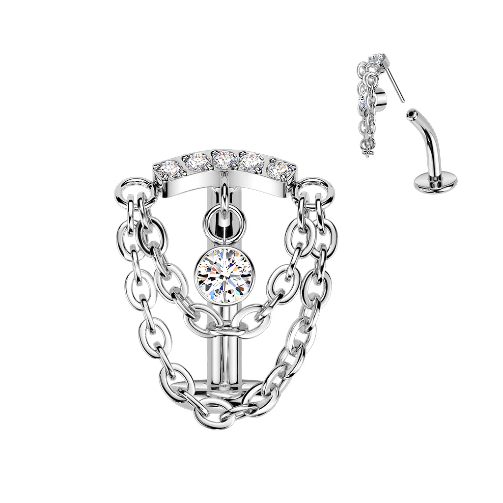 Titanium Threadless Floating Convex Base Double Chain CZ Top Belly Button Ring - Image 4