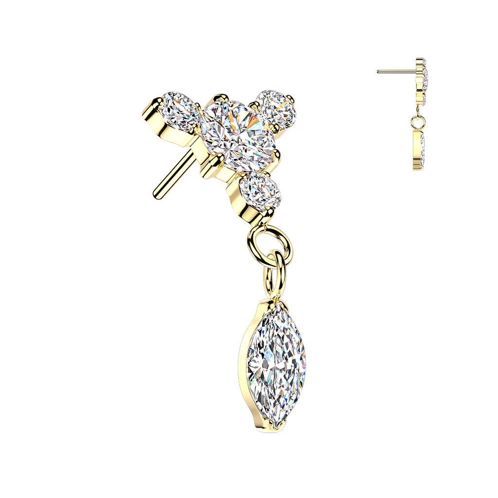Titanium Threadless Floating Convex Base Marquise CZ Dangle Belly Button Ring