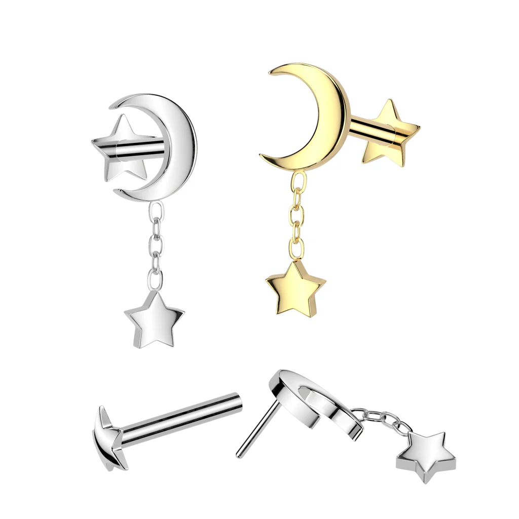 Titanium Threadless Push Crescent Moon Dangle Labret Star Base Ear Cartilage - Image 2