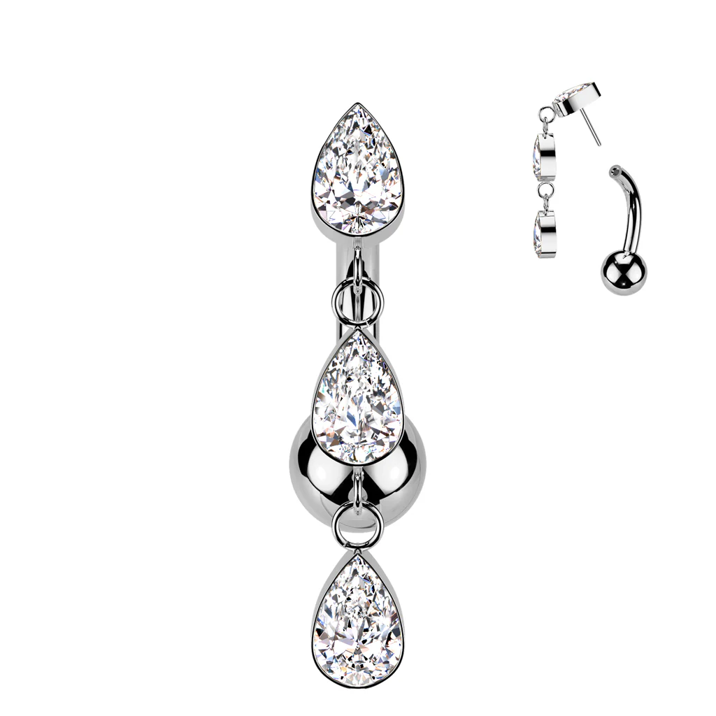 Titanium Threadless Push In 3 Tear Drop CZ Belly Button Rings - Image 2