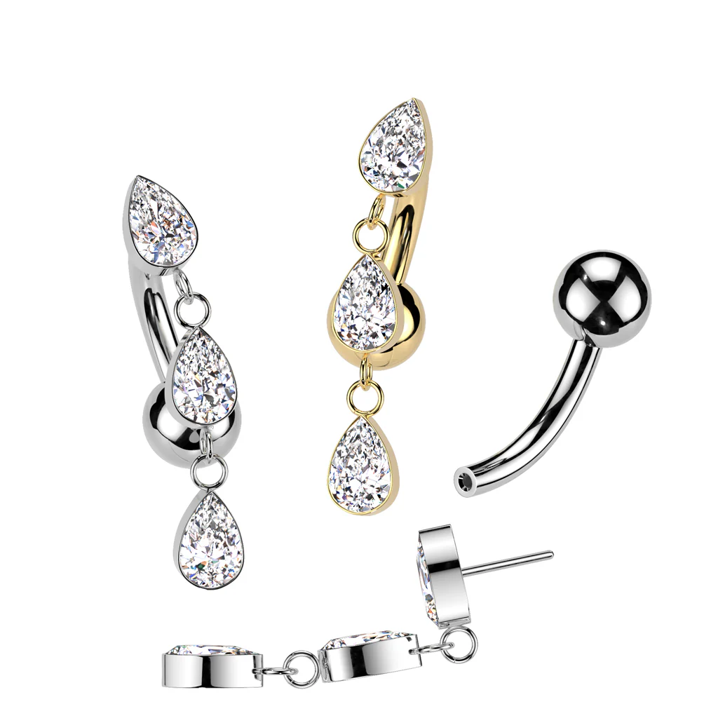 Titanium Threadless Push In 3 Tear Drop CZ Belly Button Rings - Image 3