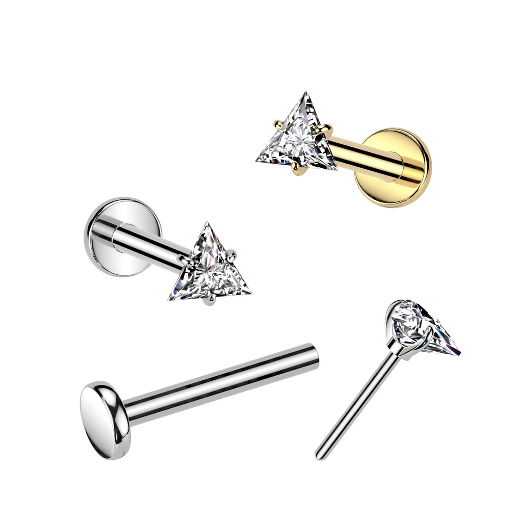 Titanium Threadless Push in Prong Set Triangle CZ Top Labret Cartilage - Image 2