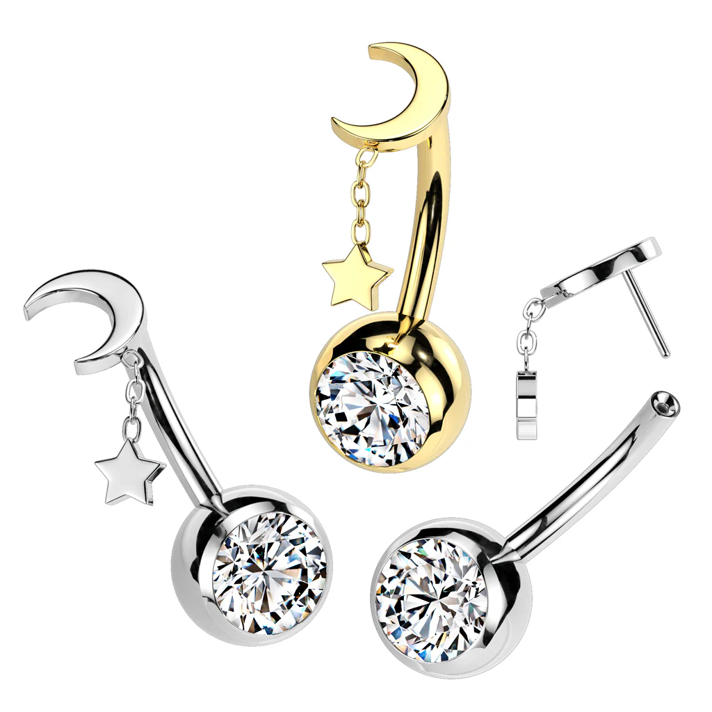 Titanium Threadless Push In Moon And Star Dangle Belly Button Ring - Image 2