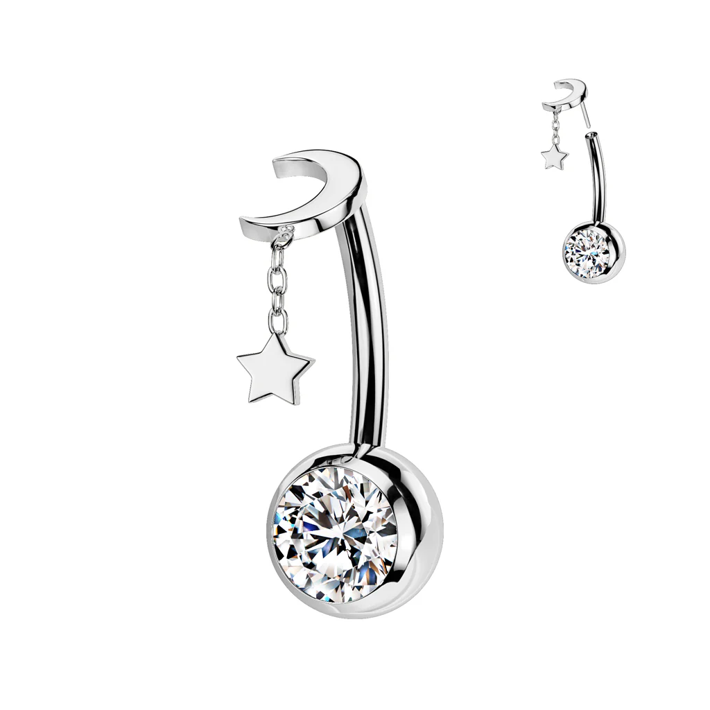 Titanium Threadless Push In Moon And Star Dangle Belly Button Ring - Image 3