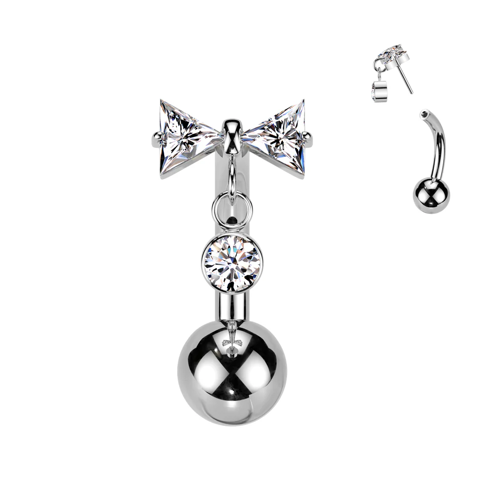 Titanium Threadless Push In Bowtie & CZ Dangle Eyebrow Ring - Image 2