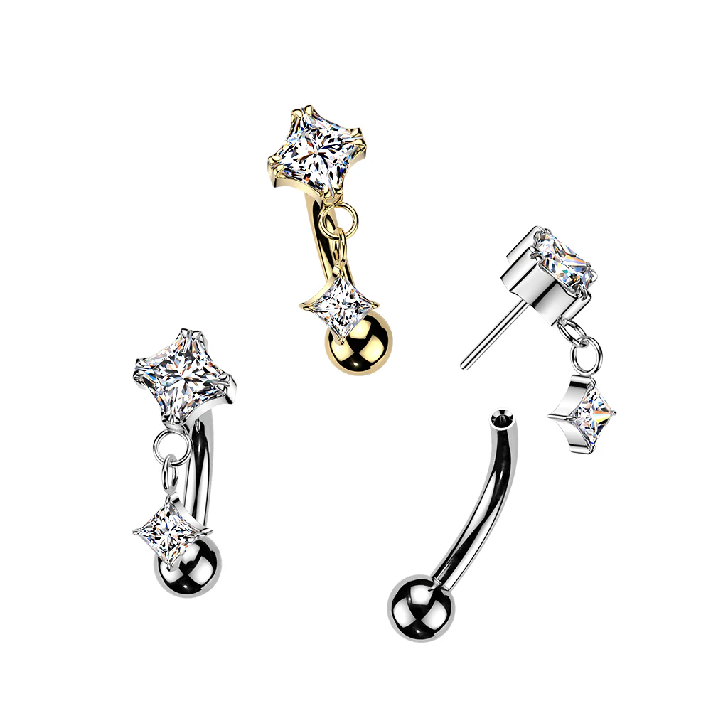 Titanium Threadless Push In Diamond CZ Dangle Eyebrow Ring 16G - Image 2