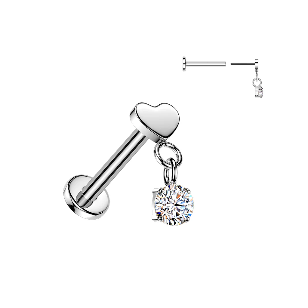 Titanium Threadless Push-In Flat Heart & CZ Dangle Labret Ear Cartilage - Image 2