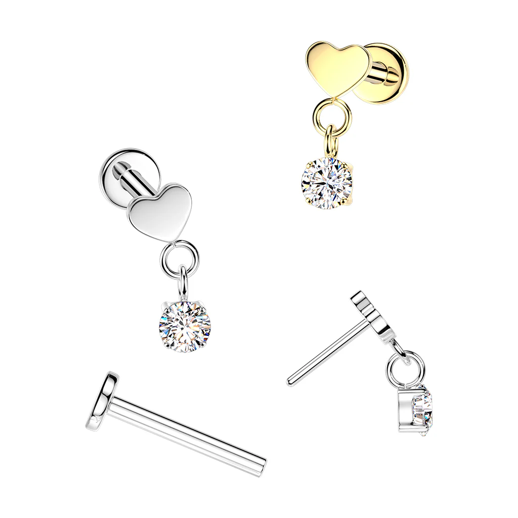 Titanium Threadless Push-In Flat Heart & CZ Dangle Labret Ear Cartilage - Image 5